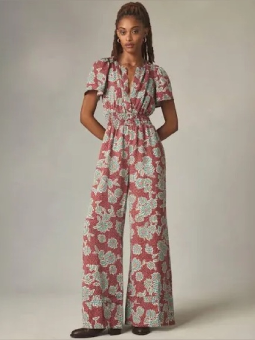 Anthropologie Red Floral Jumpsuit with Light Blue Print